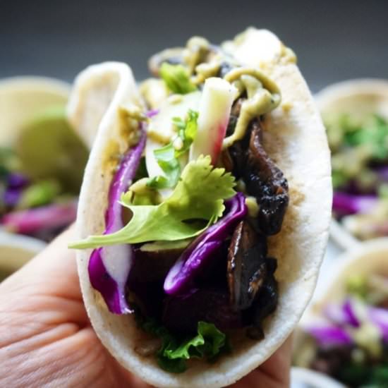 Smokey Portobello Tacos + Avo Crema