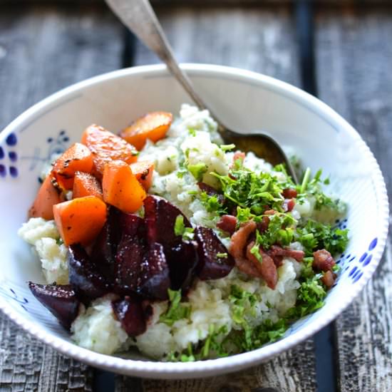 root veggie mash with bacon