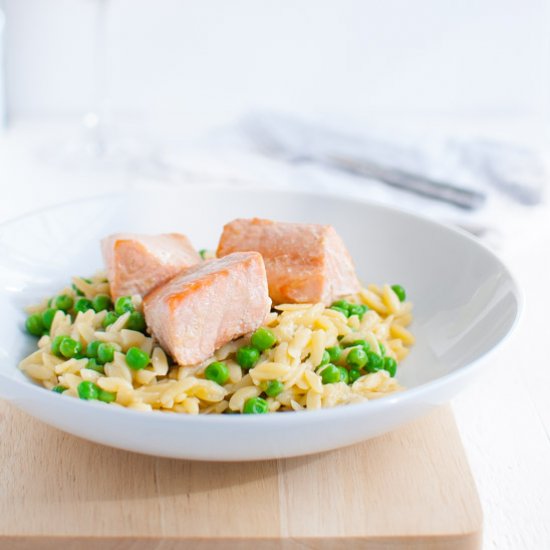 Parmesan Orzo with Salmon and Peas