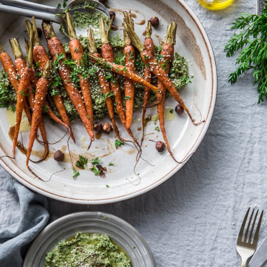 Roast Carrot With Carrot Top Hummus