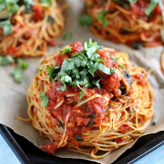 Chicken Mushrooms Spaghetti Nests