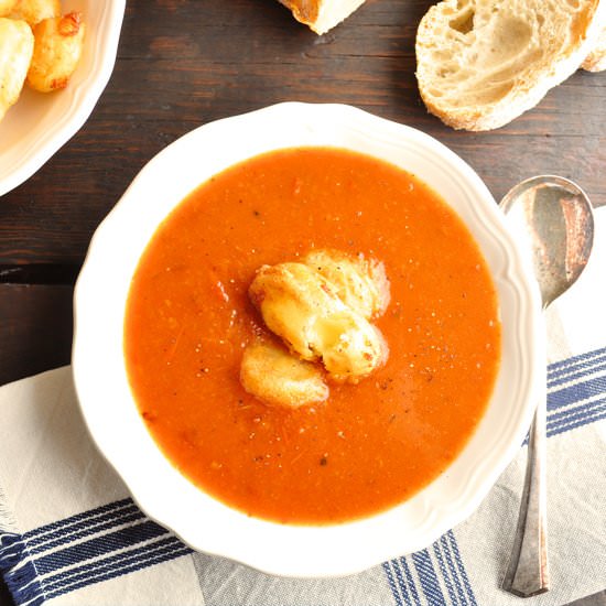 Tomato Soup with Fried Cheese Curds