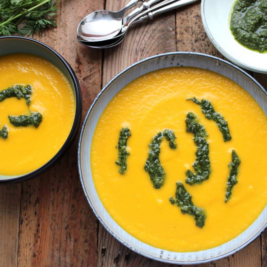 Carrot soup w/ carrot top pesto