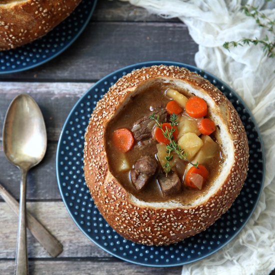 Guinness Beef Stew in Bread Bowls