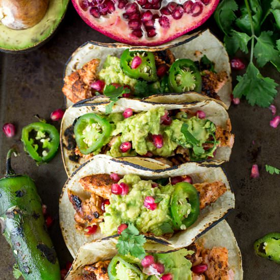 Salmon Tacos with Pomegranate Guacamole