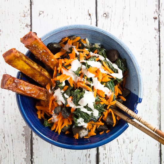 BBQ Tofu and Garlic Kale Bowl