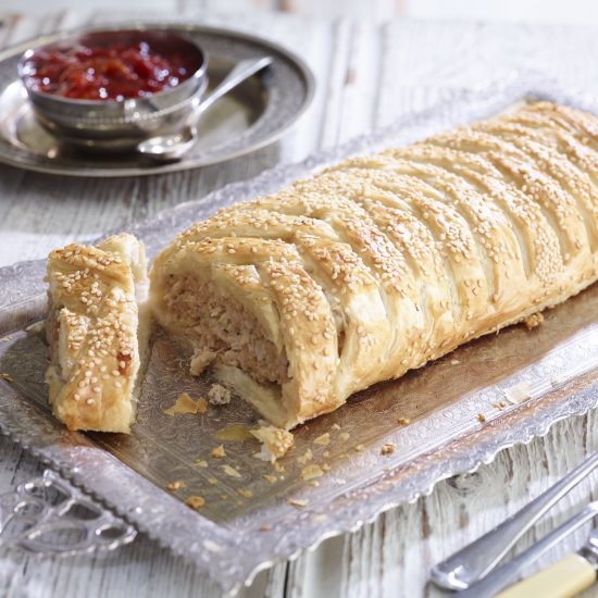 Sausage, Apple & Onion Sesame Plait