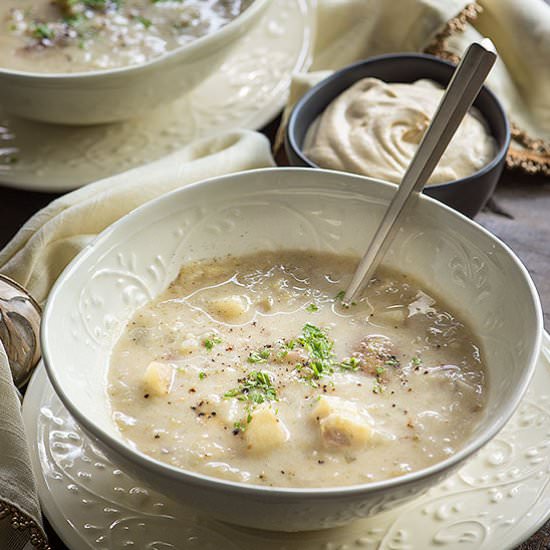 Vegan Cheesy Potato Cabbage Soup.