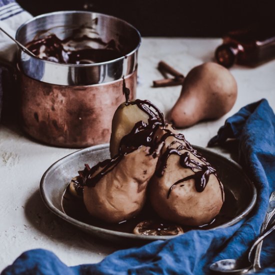 Poached Pears drizzled in Chocolate