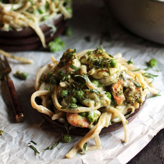 Pea and Pesto Shrimp Fettuccine