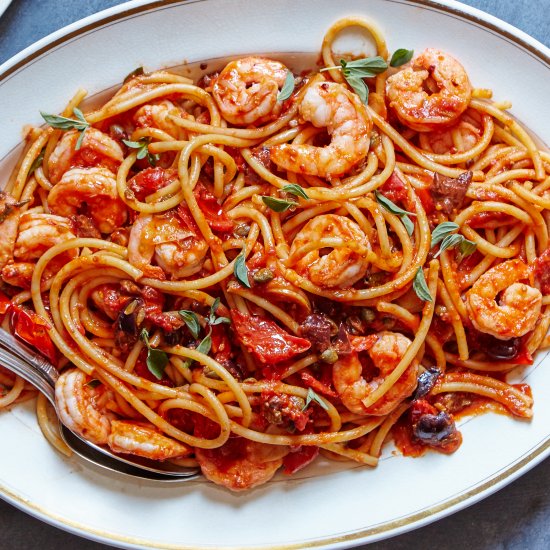 Bucatini Puttanesca with Shrimp