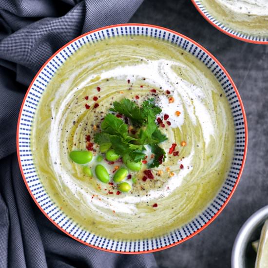 Pea, Edamame, Chili and Coconut Soup