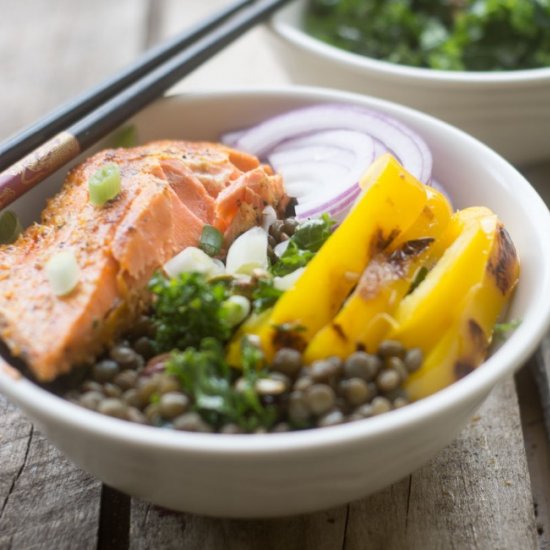 Salmon Bowl with Kale and Lentils