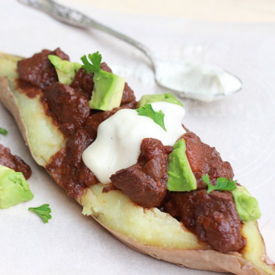 Loaded Sweet Potatoes w/ Chili