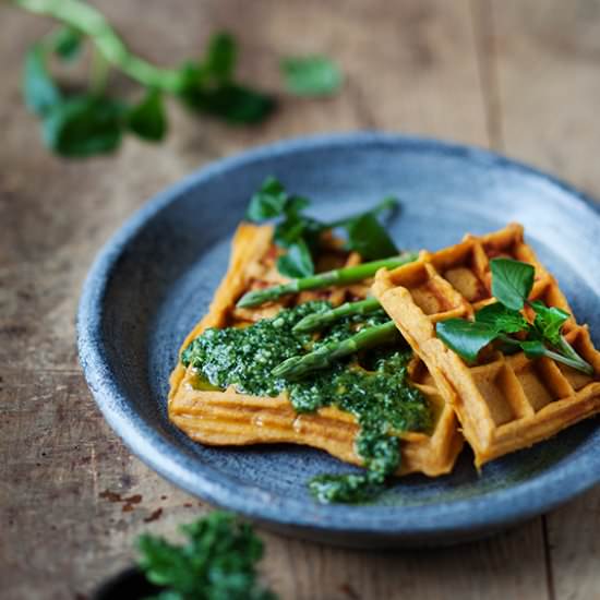 Sweet Potato Waffles & Kale Pesto