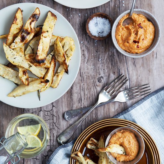 Celeriac Chips with Spicy Tahini