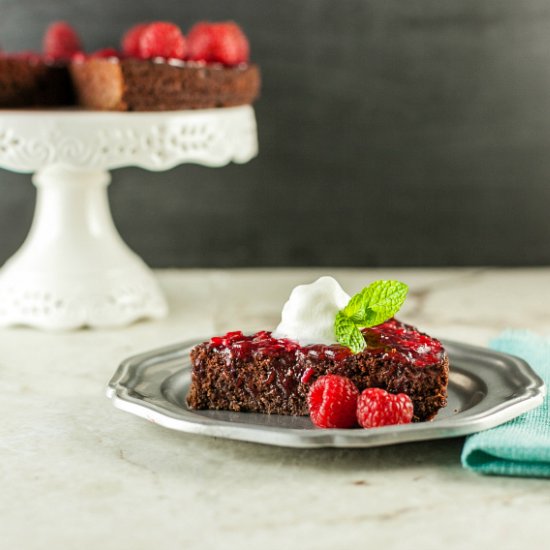 Fudge Cake with Raspberry Sauce