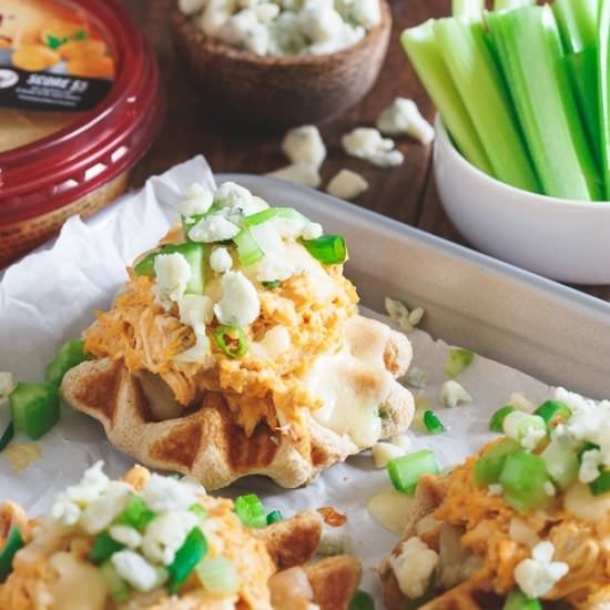 Buffalo Hummus Chicken Waffle Bites