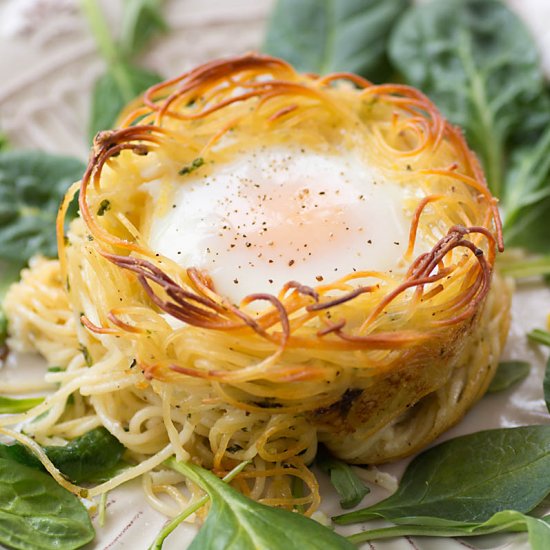 Eggs Baked in Creamy Pasta Nests