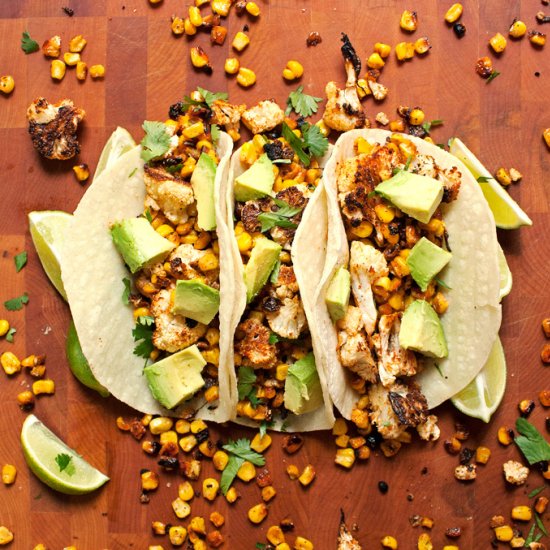 Roasted Corn and Cauliflower Tacos