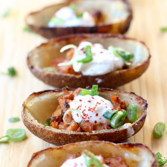 Spicy Pork Kimchi Potato Skins