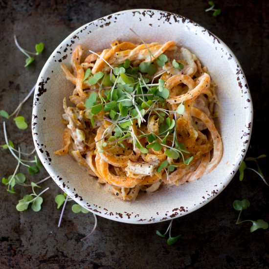 Bacon Cashew Sweet Potato Noodles