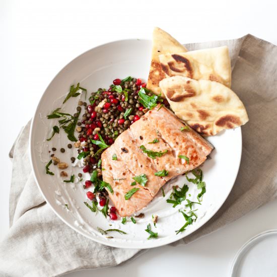 Miso Salmon Pomegranate lentils