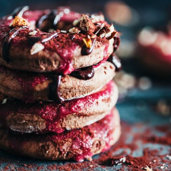 Chocolate Doughnuts with Pink Glaze