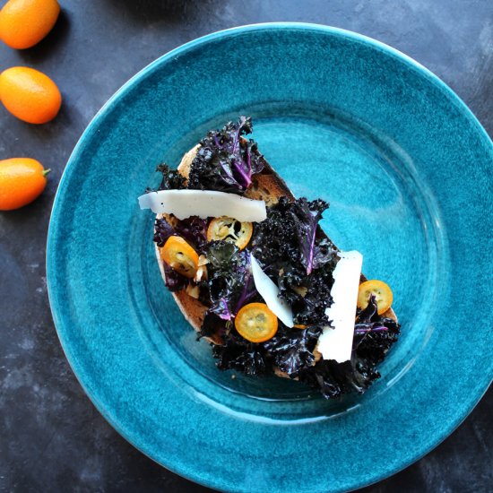 Purple kale & kumquat bruschetta