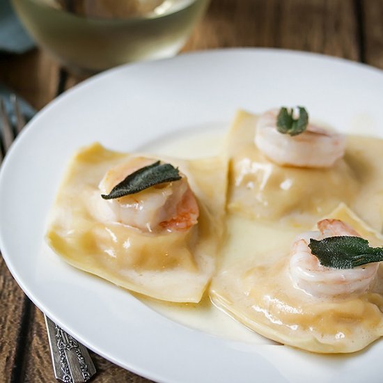 Butternut Squash Ravioli with Prawn