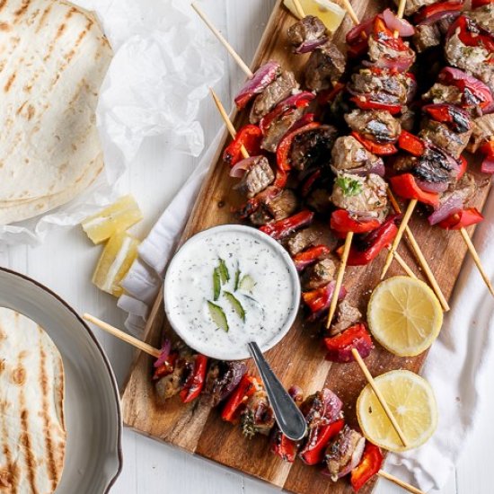 Greek Lamb Souvlaki with Yogurt Dip