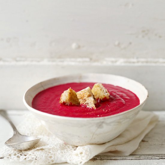 Beet Orange Soup with Garlic Croutons