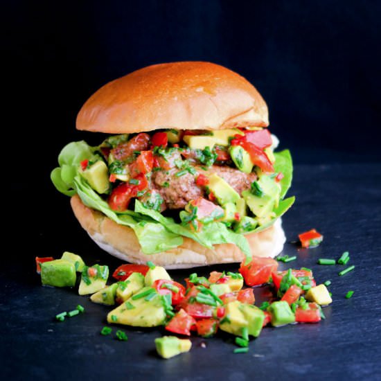 Beef burgers with avocado salsa