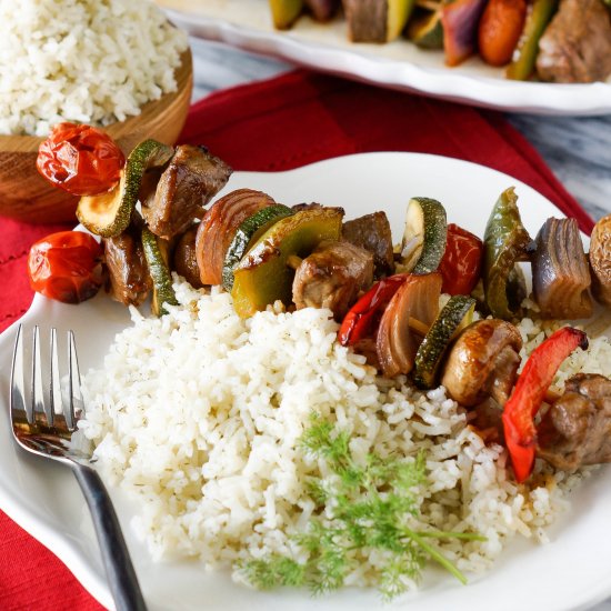 Sirloin Shish Kebabs with Dill Rice