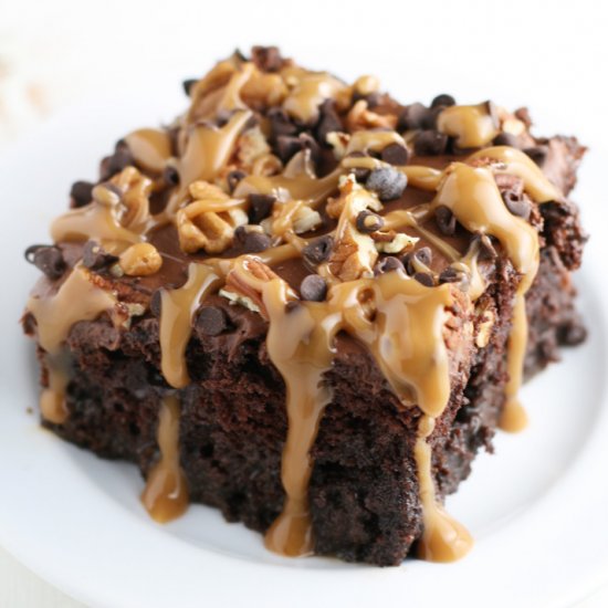 Chocolate Turtle Poke Cake