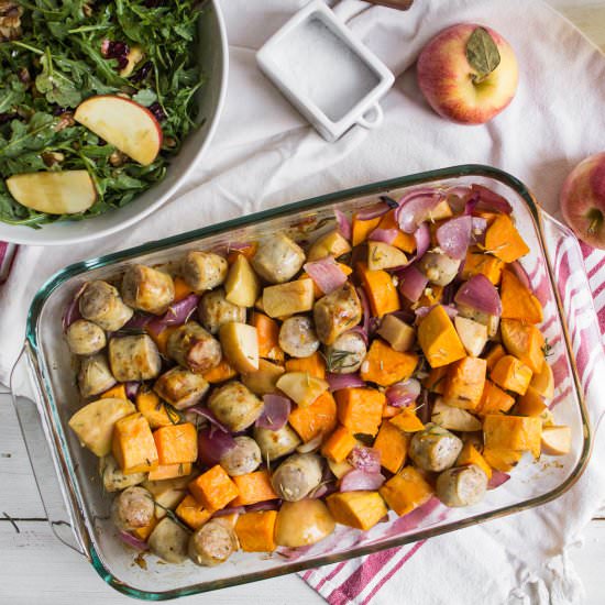 Sweet Potato, Sausage + Apple Bake