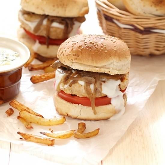 Turkey Burgers in Blue Cheese Sauce