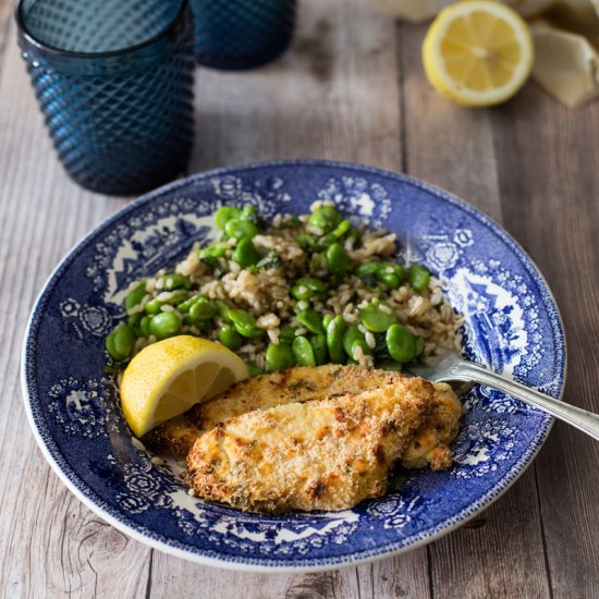 Fava Beans, Rice & Crumbed Chicken