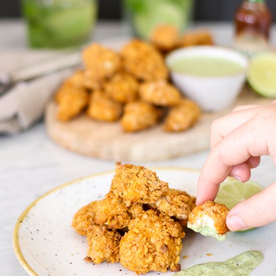 Popcorn chicken with basil mayo