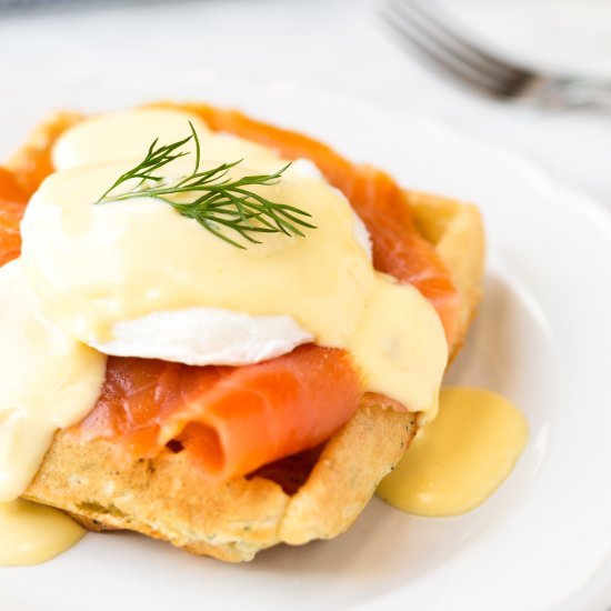 Salmon Eggs Benedict w/ Dill Waffles