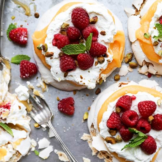 Pistachio Pavlovas with Papaya Curd