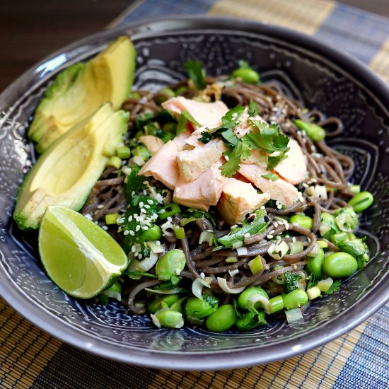 Matcha-poached salmon noodle bowls