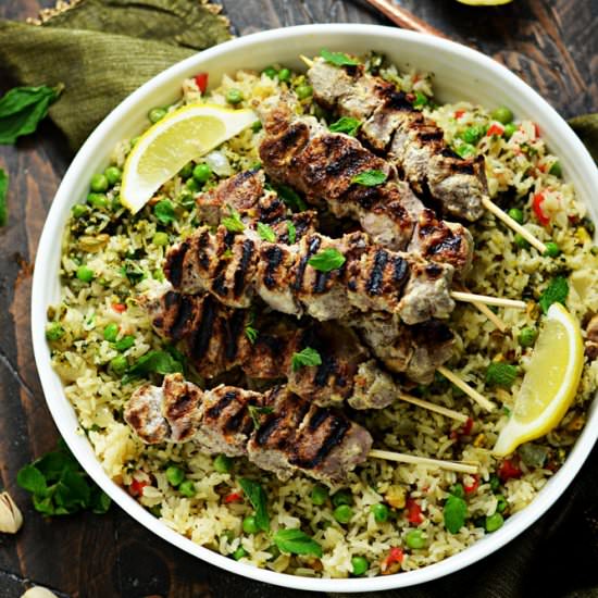 Lamb Skewers + Mint Pesto Pilaf