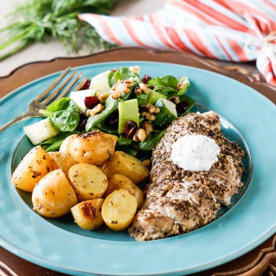 Garlic Oregano Chicken + Dill Sauce