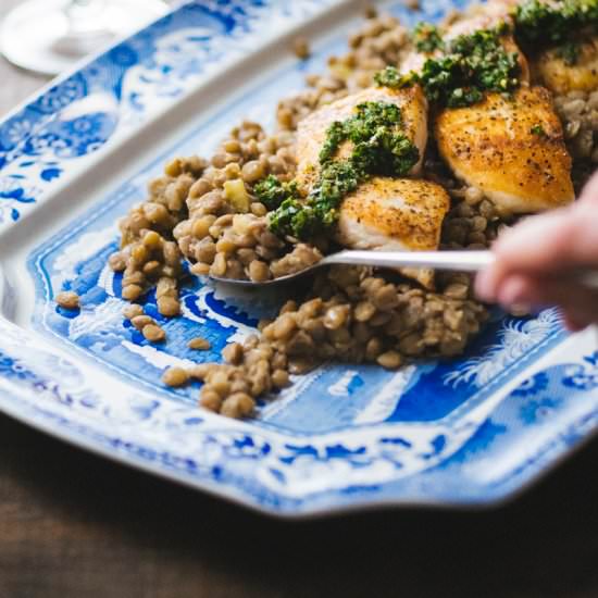 Pan Seared Halibut with Lentils