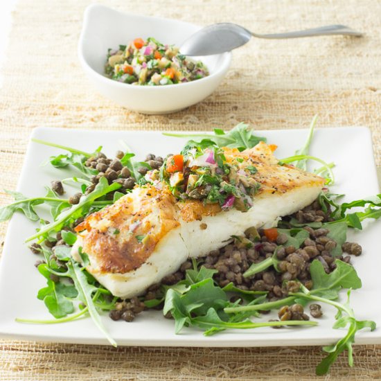 Halibut with Salsa Verde & Lentils