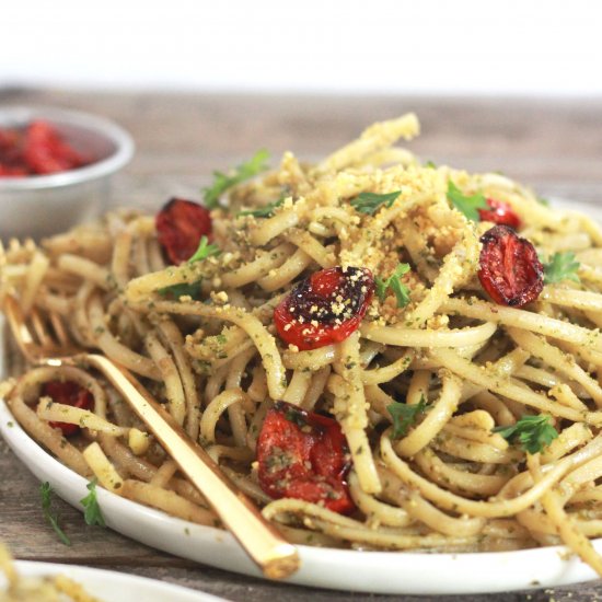 Kale Pest Pasta + Roasted Tomatoes