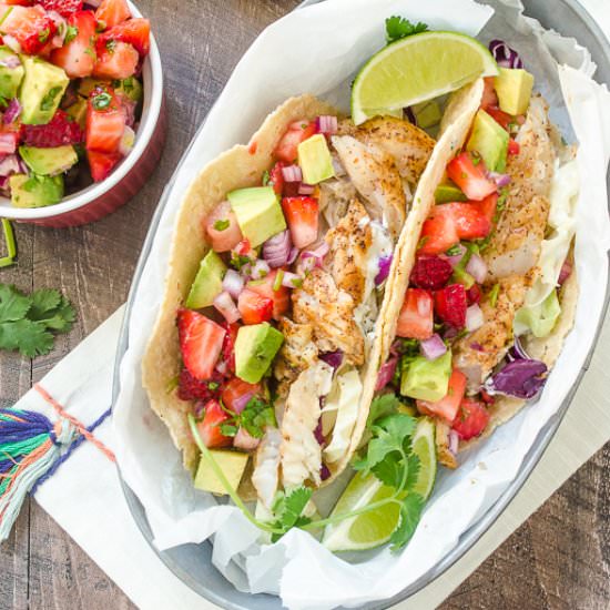 Fish Tacos w/ Strawberry Avocado Salsa