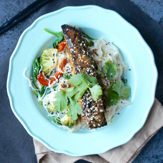 Asian Salmon & rice noodle stir fry