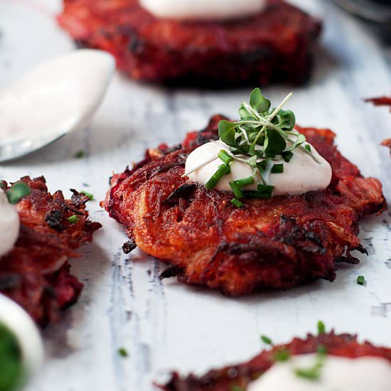 Potato, Beet and Kimchi Latkes